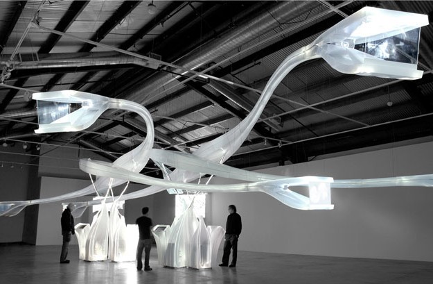Photograph of Dark Places exhibition design installed at the Santa Monica Museum of Art in Los Angeles. _